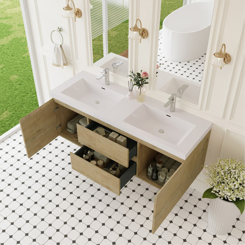 Meuble-lavabo flottant 60 po avec lavabo, meuble-lavabo mural moderne 60 po avec lavabo à surface solide, deux lavabos et tiroirs à fermeture en douceur