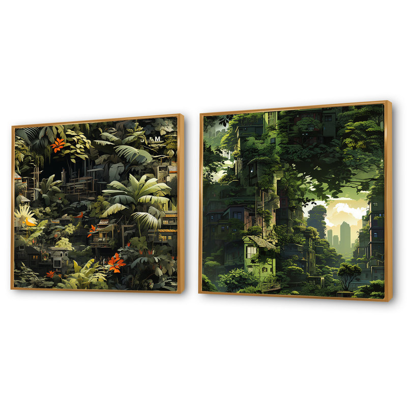 Brundage - Ensemble de 2 collages carrés tropicaux, H 16 po x l 33 po, Cadre flottant doré
