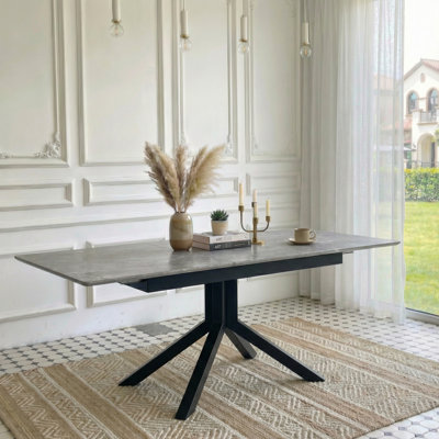 Extendable Table For Dining Room And Office, Gray Surface, Metal Legs Modern Rectangular Table, Scratch - , Automatic Extension