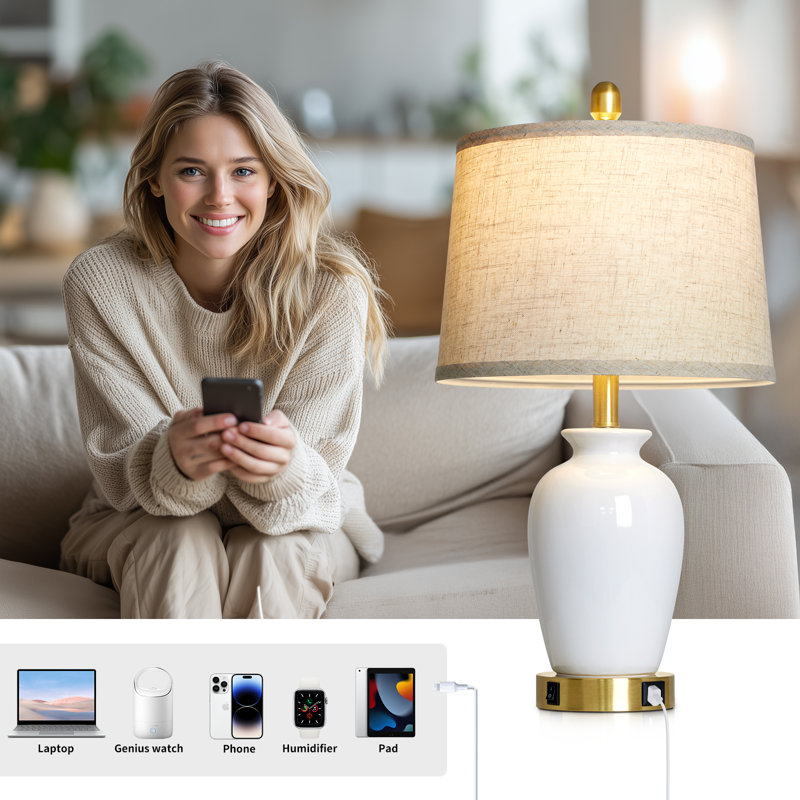23“ Ceramic Bedside Table Lamp Set with Dual USB Ports and Bulbs, Glossy White