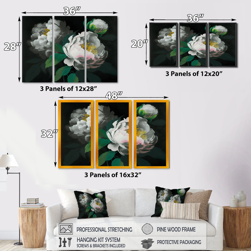 Blooming White Peony III " Blooming White Peony III " 3 - Pieces, Black, 28" H x 36" W x 1" D