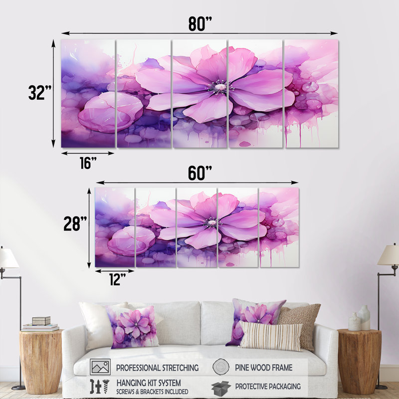 Encre botanique rose et mauve - ensemble de 5 décorations murales botaniques abstraites, H 28 po x l 60 po