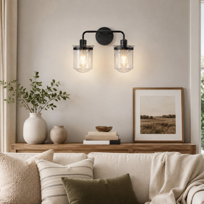 Ensemble de 2 appliques murales industrielles noires avec abat-jour en verre transparent, base E26 réversible pour salle de bain, chambre, salon, cuisine et couloir