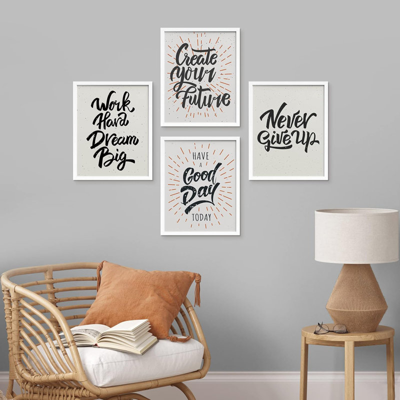 Élégant «Good Day», ensemble de 4 motifs inspirants sur papier, H 14 po x l 11 po x P 1 po, Blanc
