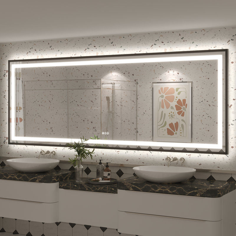 Molly Framelss or Framed LED Anti-Fog Tempered Glass Wall Bathroom Vanity Mirror - UL Certified, 96" x 36", Black