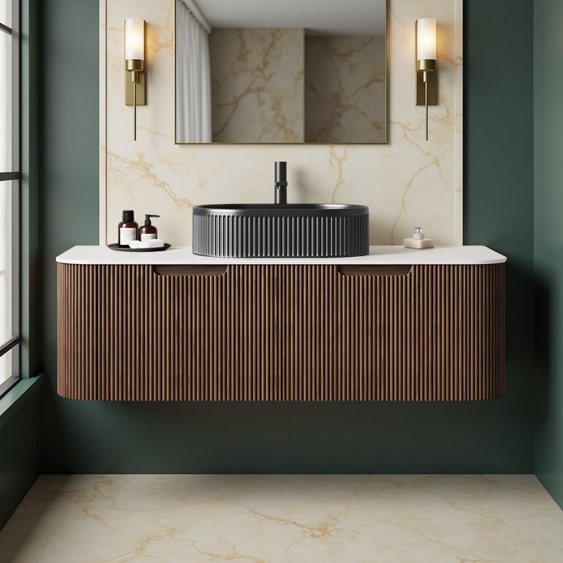 Meuble-lavabo flottant 48 po - vasque en céramique noire et armoire en noyer foncé (sans robinet inclus)
