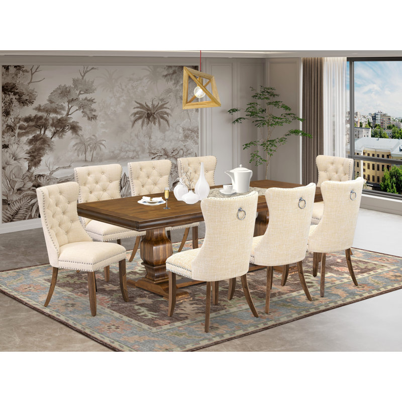 Ensemble de table de salle à manger 9 pièces comprenant une table rectangulaire et 8 chaises de salle à manger en tissu de polyester beige clair, noyer antique