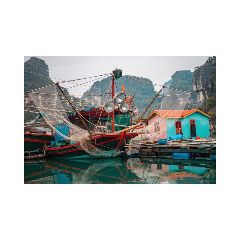 Asia, Vietnam, Quang Ninh, Ha Long Bay. Colourful Fishing Boat At Its Dock Is Reflected In Calm Bay Waters. by Bryce Merrill - Wrapped Canvas Gallery-Wrapped Canvas Giclée