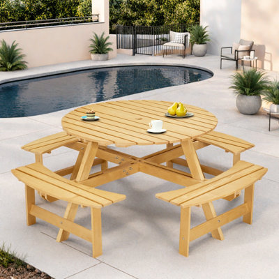 Picnic Table Outdoor 8-person Picnic Table With 4 Built-in Benches And Umbrella Hole