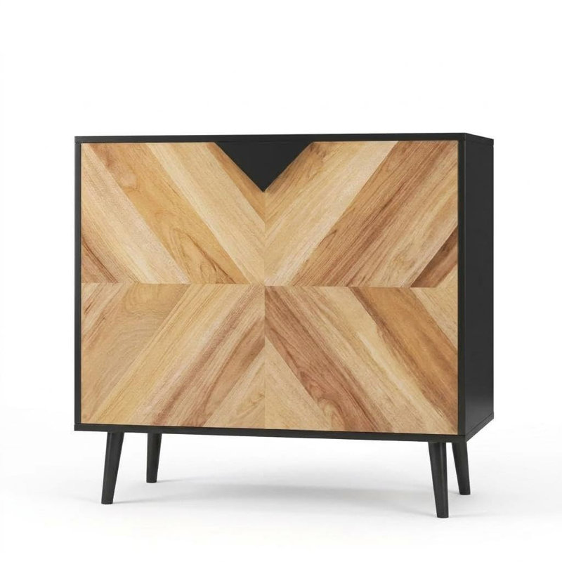 Buffet HPL à chevrons, armoire de rangement en mélamine avec motif élégant, grain de bois de noyer et armoire d'appoint autoportante noire pour la cuisine