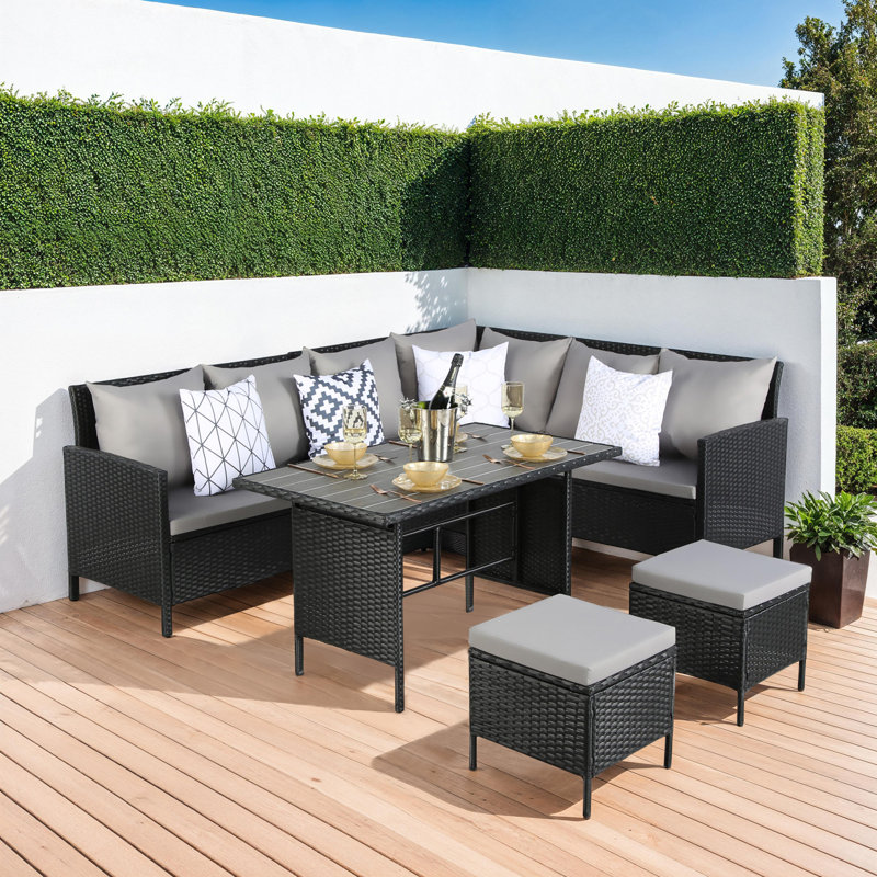 Wicker 7 - Person Garden Lounge Set with Cushions, Black, Grey