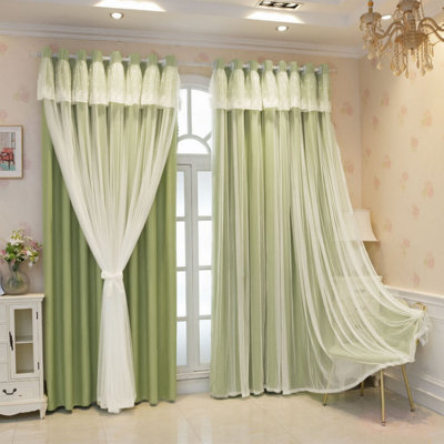  Rideaux romantiques français à double couche (occultant et diaphane tout-en-un), bordure en dentelle de polyester, rideaux prêts à l'emploi, blocage de la lumière de 70% à 90%, réduction du bruit, 2 panneaux, 5 couleurs pour la chambre à coucher / salon / Bureau