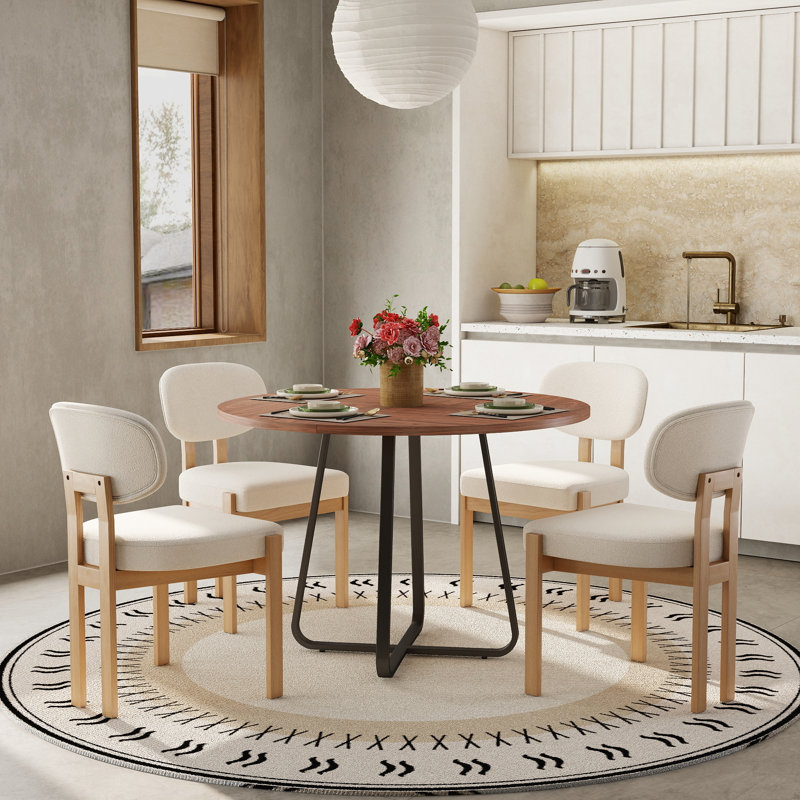 43.3" Round Dining Table Set For 2-4, Modern Kitchen Table With Metal Base, MDF Tabletop & Chenille Upholstered Chairs, Multi-Purpose Dining Set For Dining Room, Kitchen, Breakfast Nook, Small Space