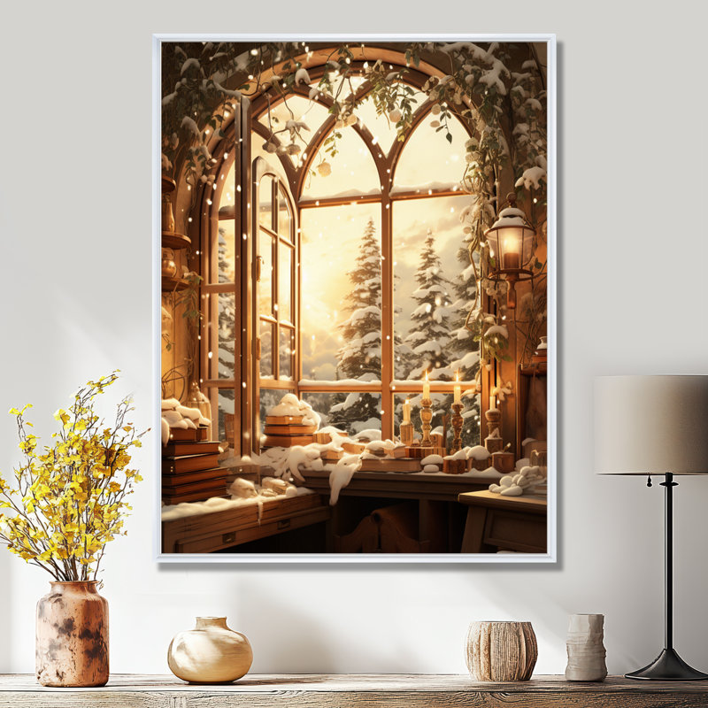 «Christmas Winter Window View I - Winter Landscape», impressions sur toile, H 20 po x l 12 po x P 1 po, Cadre flottant blanc