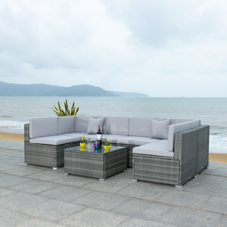 Azrien Wood 6 - Person Modular Patio Conversation Sets with Cushions
