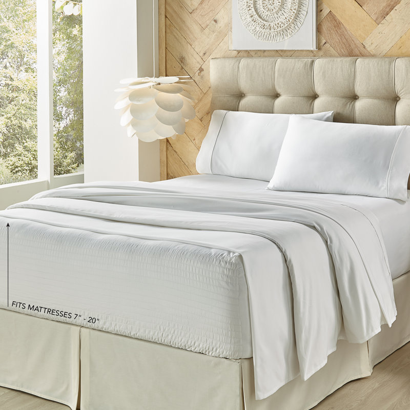 Ensemble de draps en satinette 500 fils, Ensemble de draps pour lit double + drap-housse + , Blanc