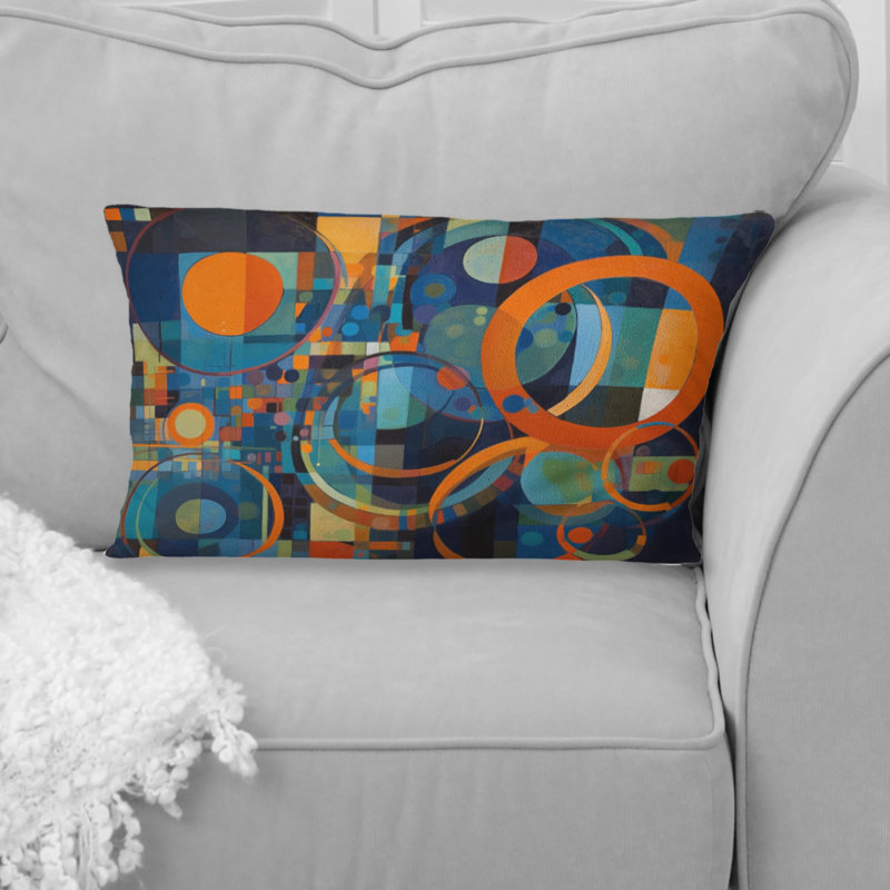 Coussin décoratif orange à motif géométrique bleu II - formes abstraites