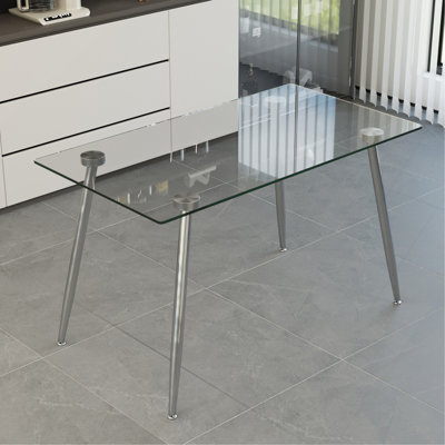 Table de salle à manger en verre, table rectangulaire moderne avec plateau en verre trempé et pieds en métal argenté, table de cuisine simpliste, table polyvalente pour le bureau à domicile