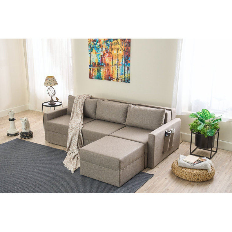 Élégant canapé-lit d'angle, brun, 90,6 po x 28,3 po x 43,3 po | Structure 100% bois de sapin, tissu 100% polyester de lin | Coussins amovibles, coffre de rangement, assemblage facile