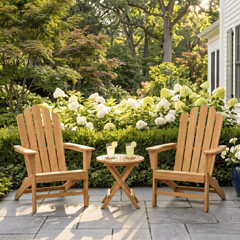 Ensemble de chaises 3 pièces Adirondack en teck avec table d'appoint pliante, 1 Round Table + 2 Chairs