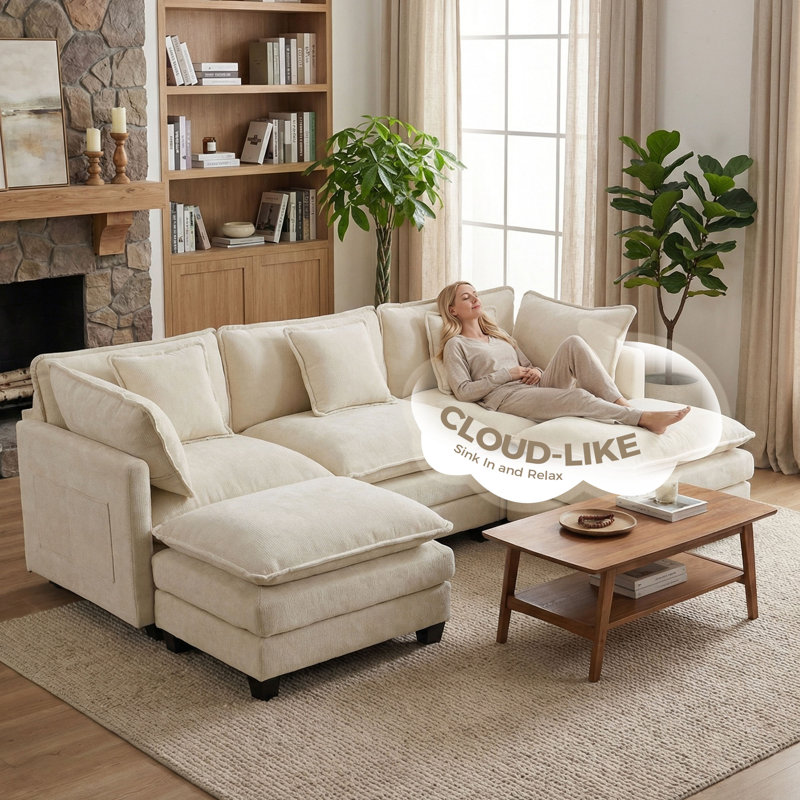 239cm Ultra-Soft Sofa with 2 Ottoman, Beige