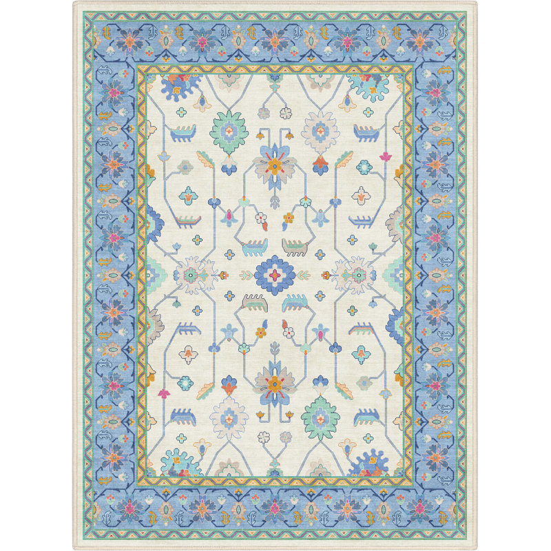 Bungalow Rose Adrith Antalya Modern Vintage Boho Ivory Blue Multi Area Rug, Rectangle 3'11" x 5'3"