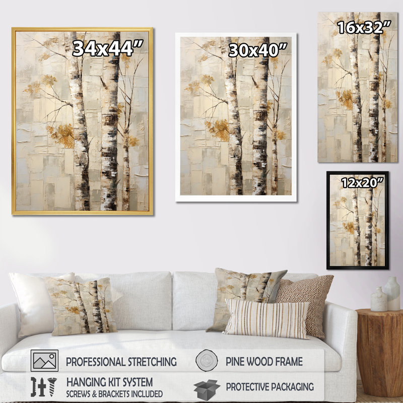 Arbre de minimalisme bouleau IV sur toile, Cadre photo blanc, H 44 po x l 34 po x P 1,5 po