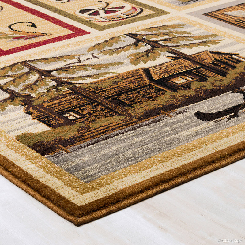 Rustic Brown and Green Lodge Themed Synthetic Rug