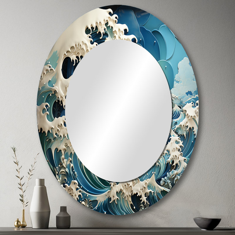 Saswin sarcelle jaune océan Oceanic Odyssey Patchwork II - miroir décoratif océan, miroir mural côtier, impression d'art en métal