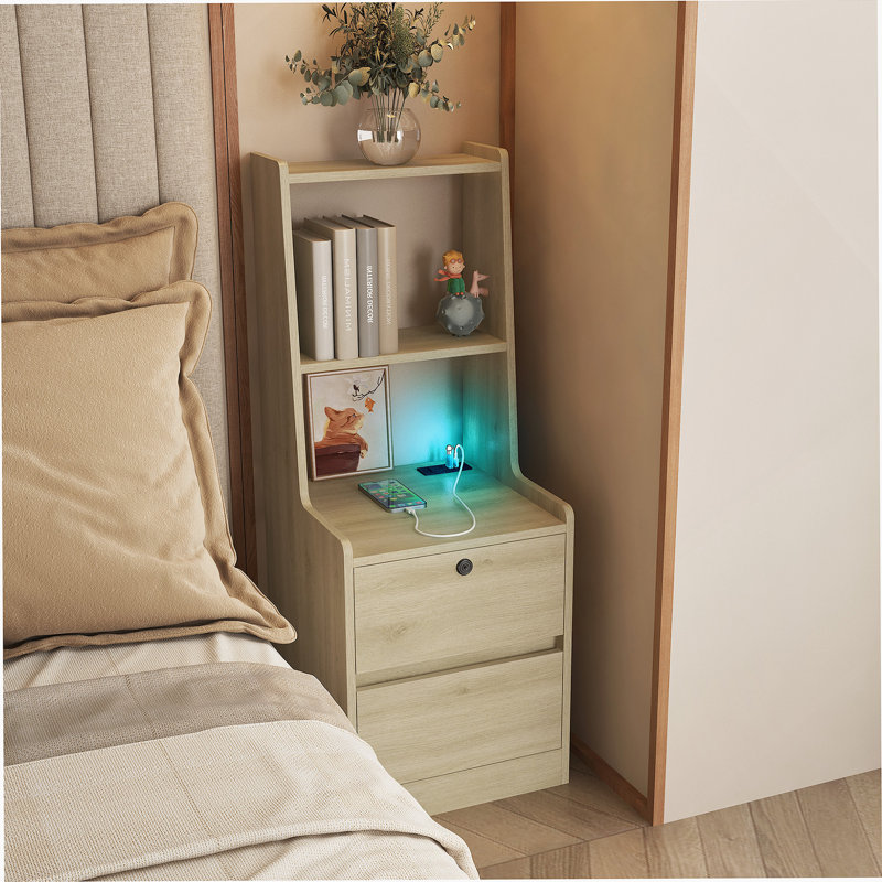 Table de chevet avec station de charge, table de chevet intelligente avec veilleuse avec tablette de rangement pour la chambre à coucher