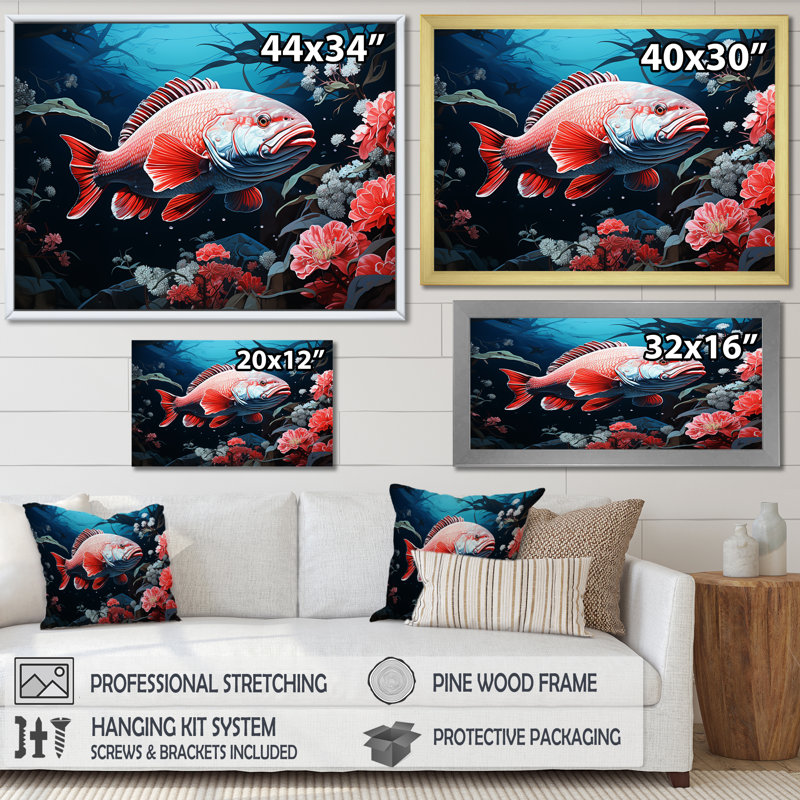 " Monochrome Red Fish Dance ", 12" H x 20" W x 1" D, Wrapped Canvas