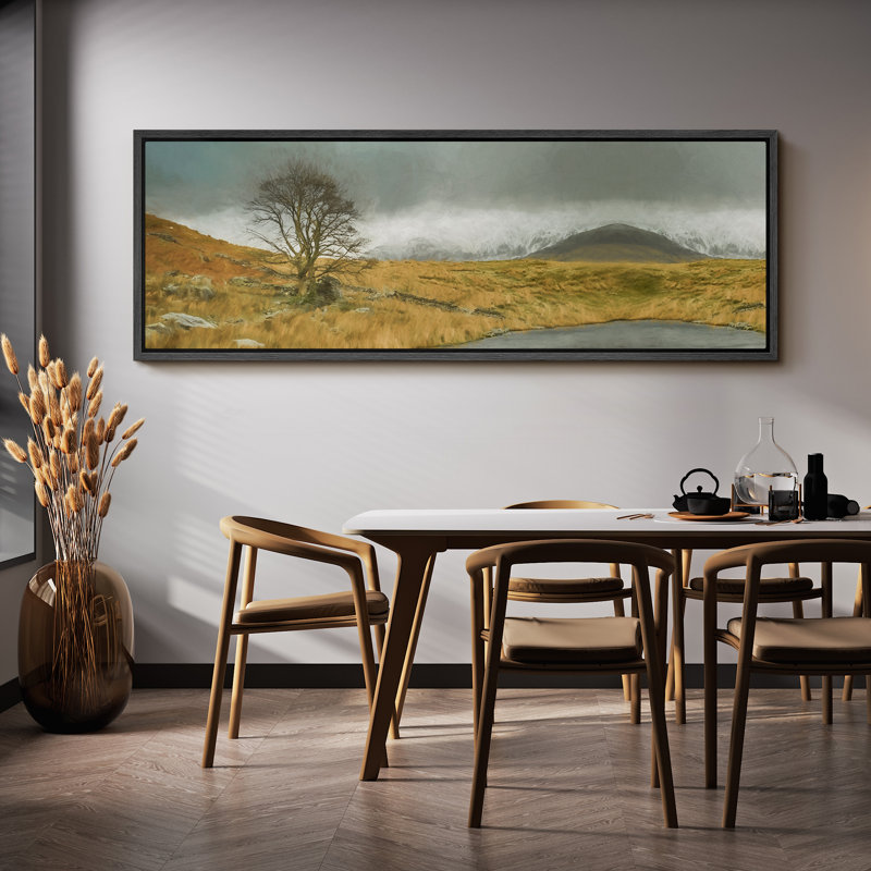 "Paysage tranquille avec arbre solitaire et étang, œuvre d'art rétro très grande peinture", H 20 po x l 60 po, Black
