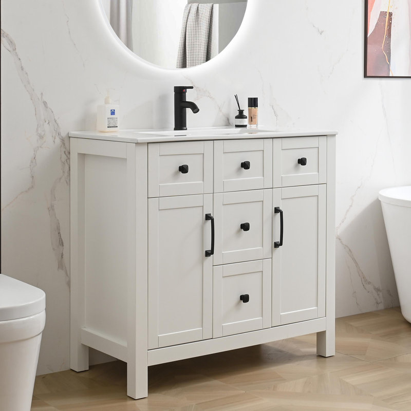 Meuble-lavabo simple 36 po avec comptoir en céramique forgé à haute température et robinet économiseur d'eau, Blanc