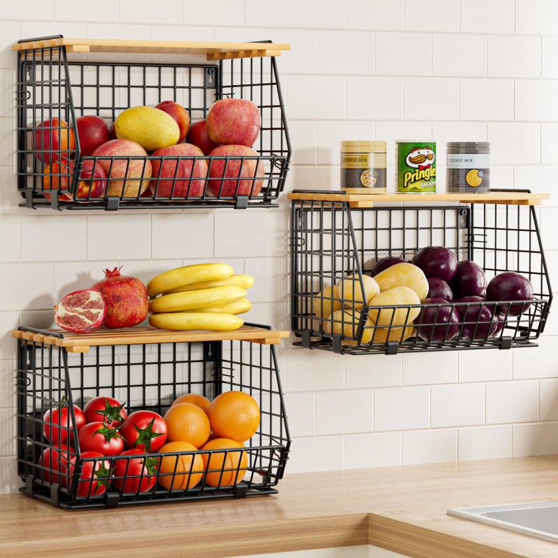 Wire Fruit Basket For Kitchen Storage: Hanging Fruit Basket For Kitchen Stackable Counter Basket,3Pack-Black