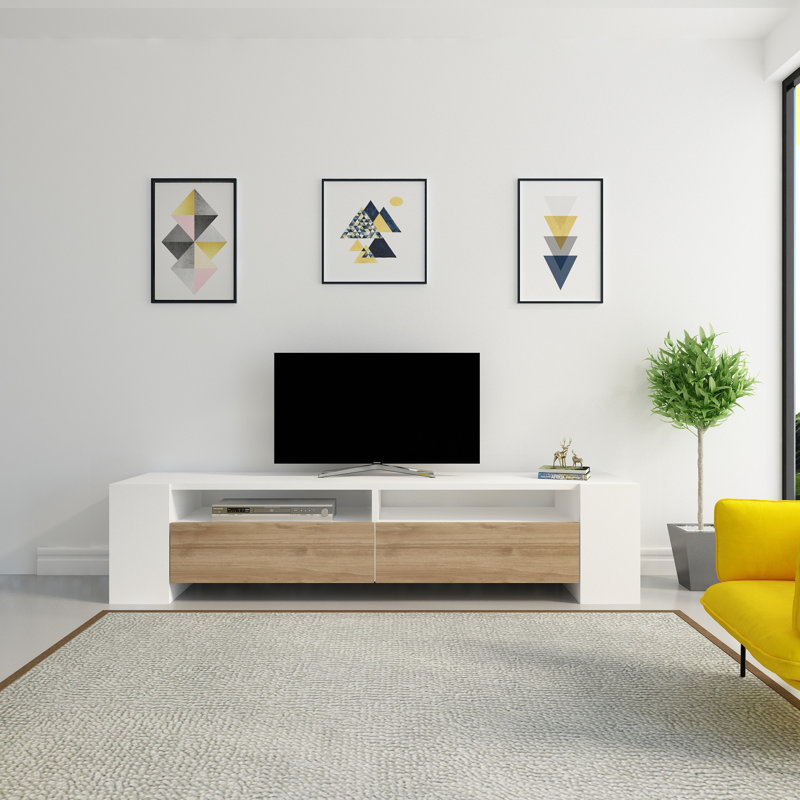 Meuble télé moderne avec plusieurs tablettes, noyer et blanc, 61,0 po x 13,8 po x 13,8 po | 100% panneau de particules enduit de mélamine, épaisseur: 0,7 pouce | Solution de rangement élégante pour le salon et les espaces de divertissement