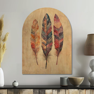 «Free Spirit Feathers II» - impression d'art mural en bois arqué rose bohémien