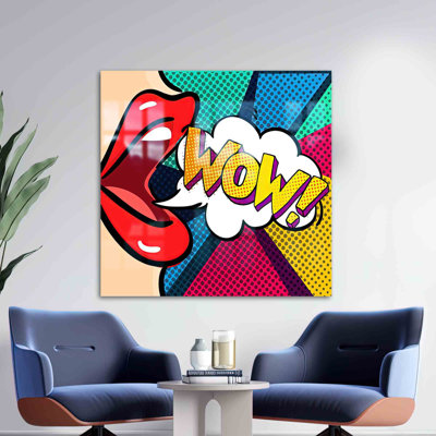 Bold Comic Pop Art Tempered Glass Wall Decor Featuring a Shocked Woman Expression Ideal for Adding a Dash of Color to Your Living Space Square
