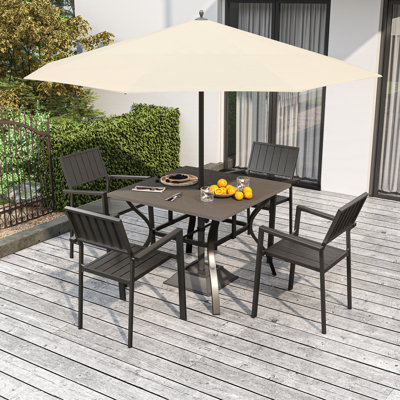 5-Piece Outdoor Patio Dining Set with 4 Iron Chairs and 37.8-Inch Square Wood-Grain Metal Table, Rustproof, Ergonomic Slat Design, Quick Assembly