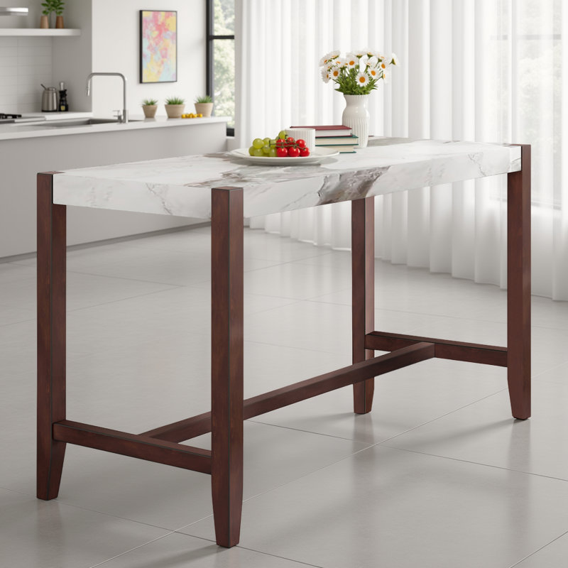 Table de bar rectangulaire à hauteur de comptoir avec plateau en faux marbre pour la cuisine et le salon, Blanc