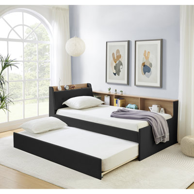 Lit de jour simple rembourré en velours noir avec hauteur réglable, tête de lit avec rangement, lit gigogne et chargement sans fil pour la chambre à coucher qui réinvente la couchette, amélioration des lumières DEL