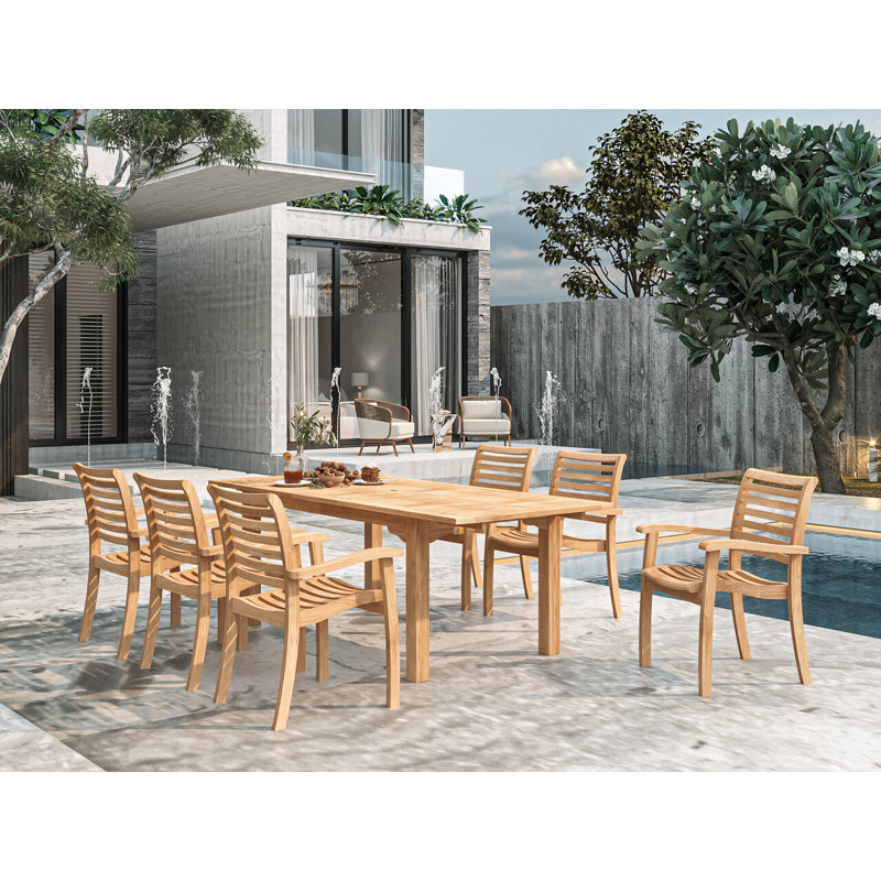 Flecia 7-Piece Rectangular Teak Outdoor Dining Set with Extendable Table and Stacking Armchairs