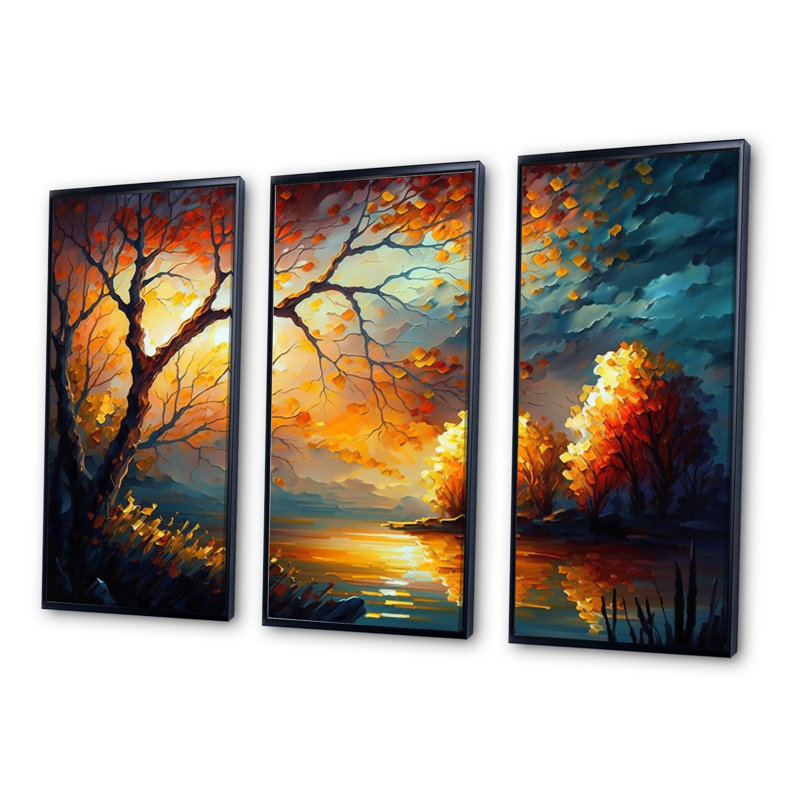 «Forest Scenery By A Lake», reproduction sur toile 3 pièces, Cadre noir, H 28 po x l 36 po x P 1 po