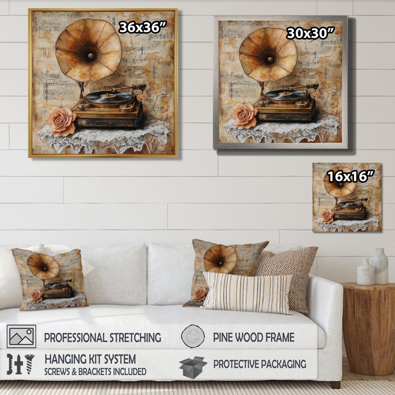 Gramophone Wall Art, Vintage Music Canvas, 1930S Gramophone Melody, Gold Floater Framed, 36" H x 36" W
