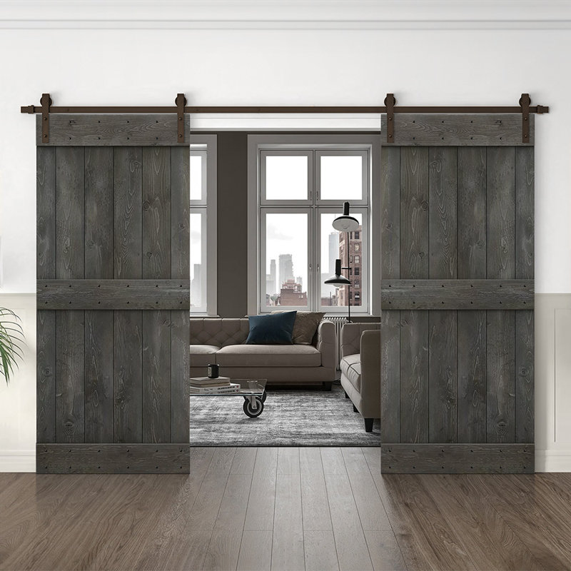 Carbon Gray Solid Pine Wood Double Barn Door Kit with Oil Rubbed Bronze Hardware