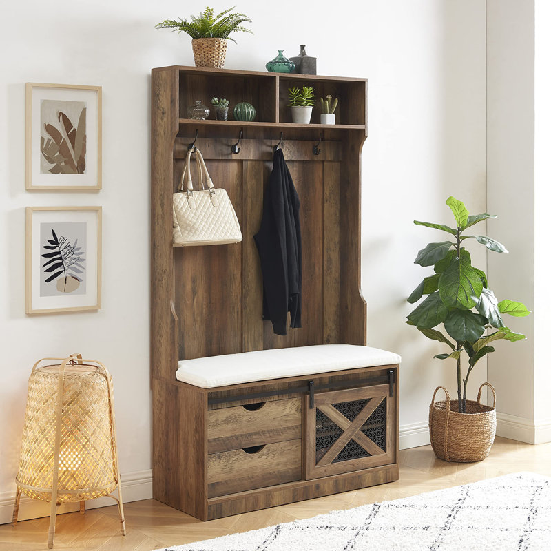 Syndi Hall Tree 40.6'' Wide with Bench and Shoe Storage, Rustic Oak