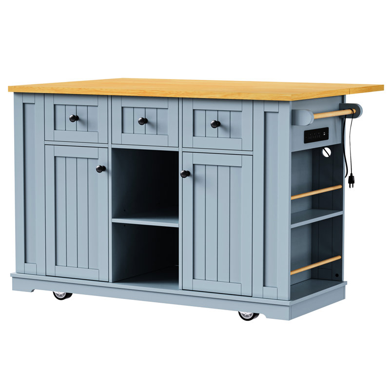 Rolling Kitchen Island In Blue - 53Inch With Internal Storage Options, Adjustable Drop Leaf, And Power Cart Charging Ports For Organization
