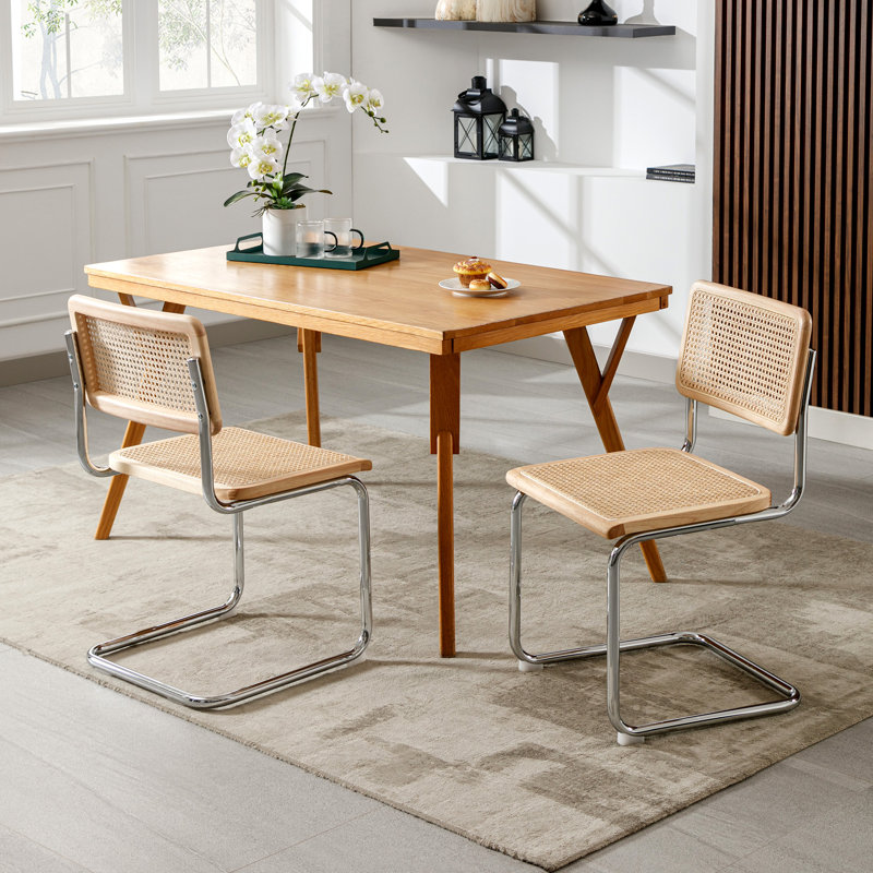 Benett Modern 46cm Natural Woven Rattan Dining Chairs with Metal Frame Small Kitchen Side Chairs, Chrome, 2