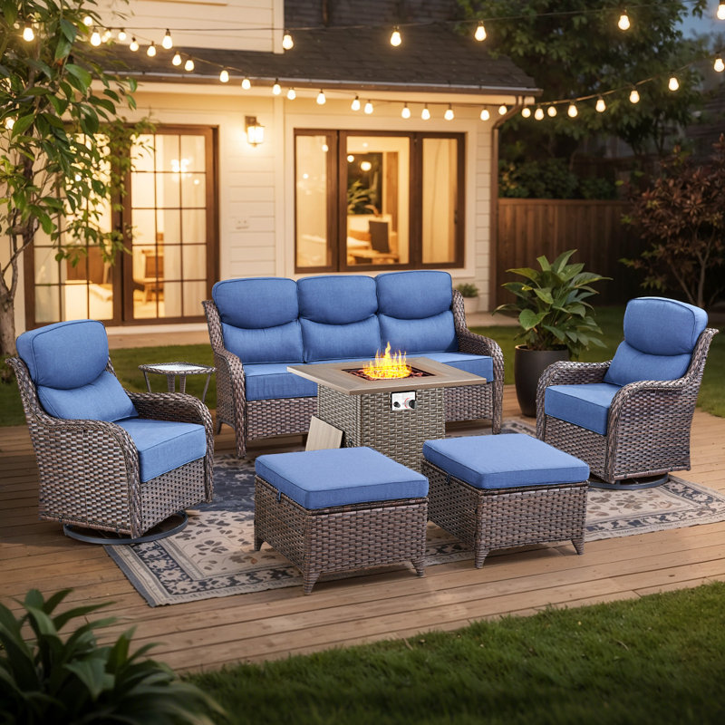 Smilario 7-Piece Outdoor Conversation Set With Fire Pit Table, 3-Seat Sofa & Swivel Gliders, 6" Thick Cushions, All-Weather PE Wicker