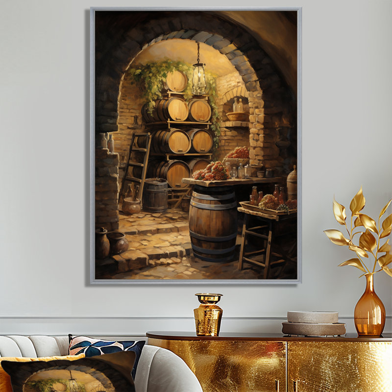 «French Wine Cellar I», reproduction d'art sur toile Champagne, H 20 po x l 12 po x P 1 po, Encadrement argenté