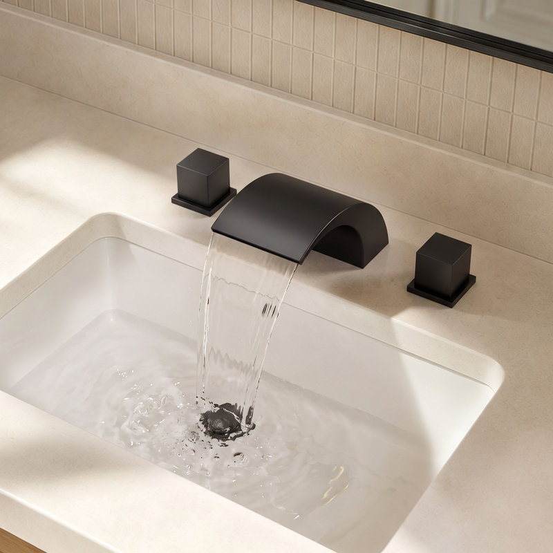 Robinet de salle de bain surdimensionné à 3 trous et 2 poignées avec évier cascade, Noir mat